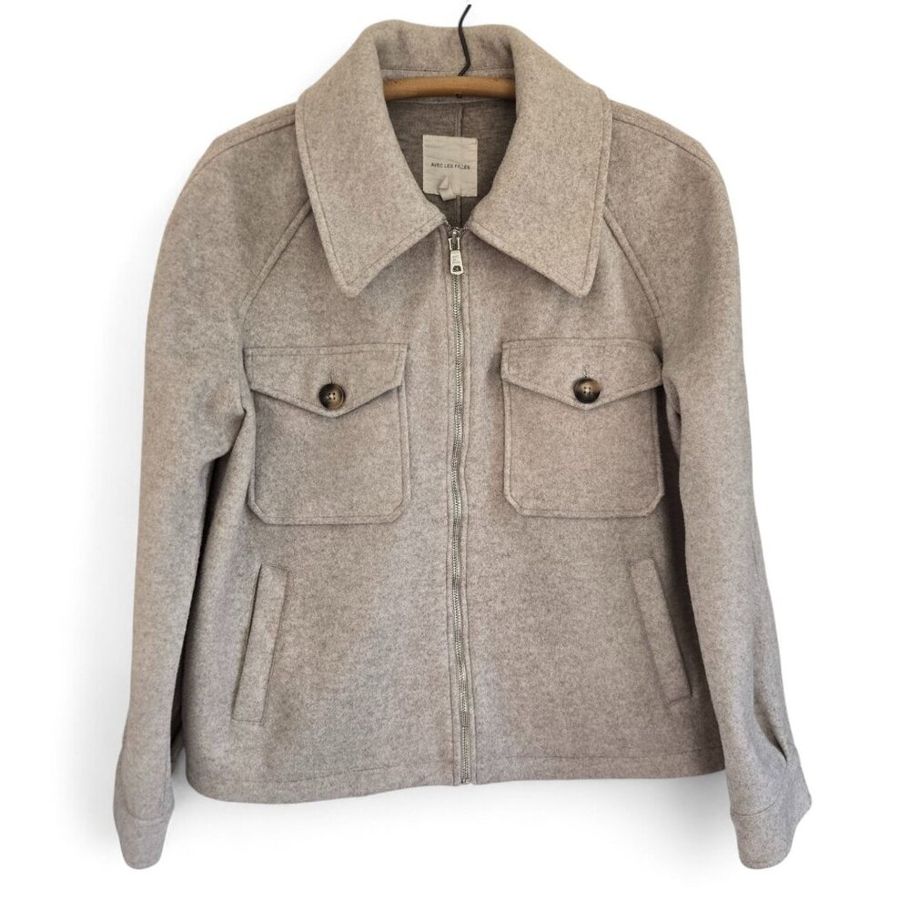 Avec Les Filles Womens Beige Wool-Blend Zip-Up Jacket Front Pockets Size Small - Picture 5 of 15